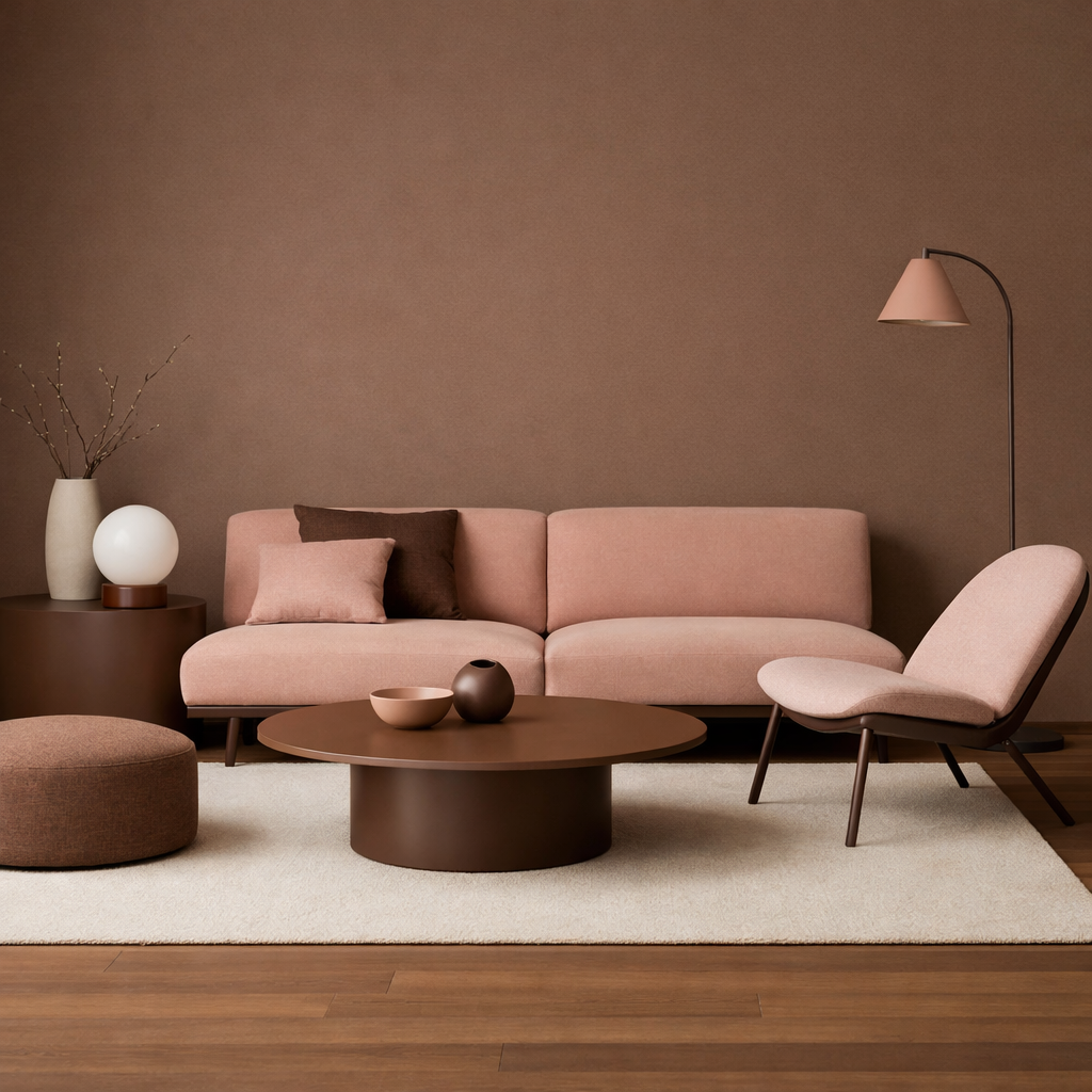 Modern minimalist living room featuring a brown and pink color palette with cozy furniture.