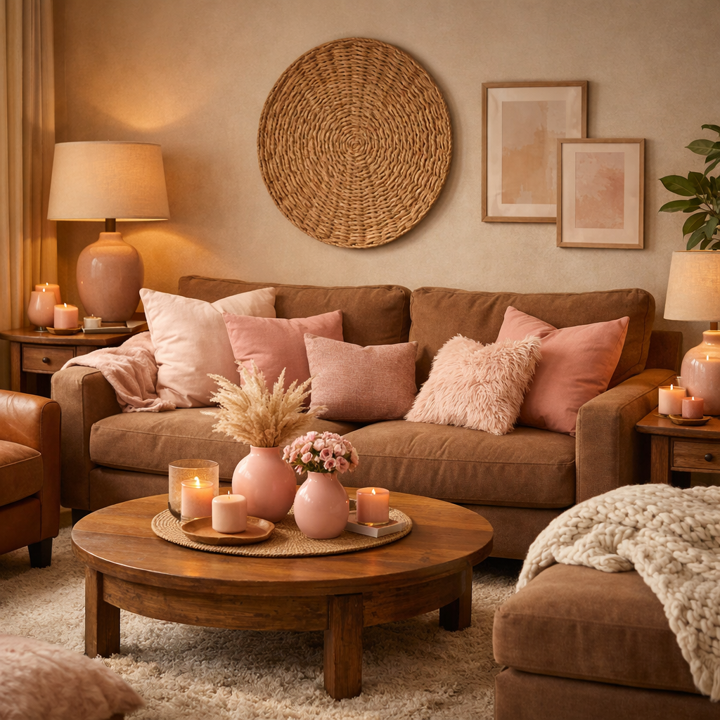 A cozy living room with brown sofa, pink accents, and natural decor.