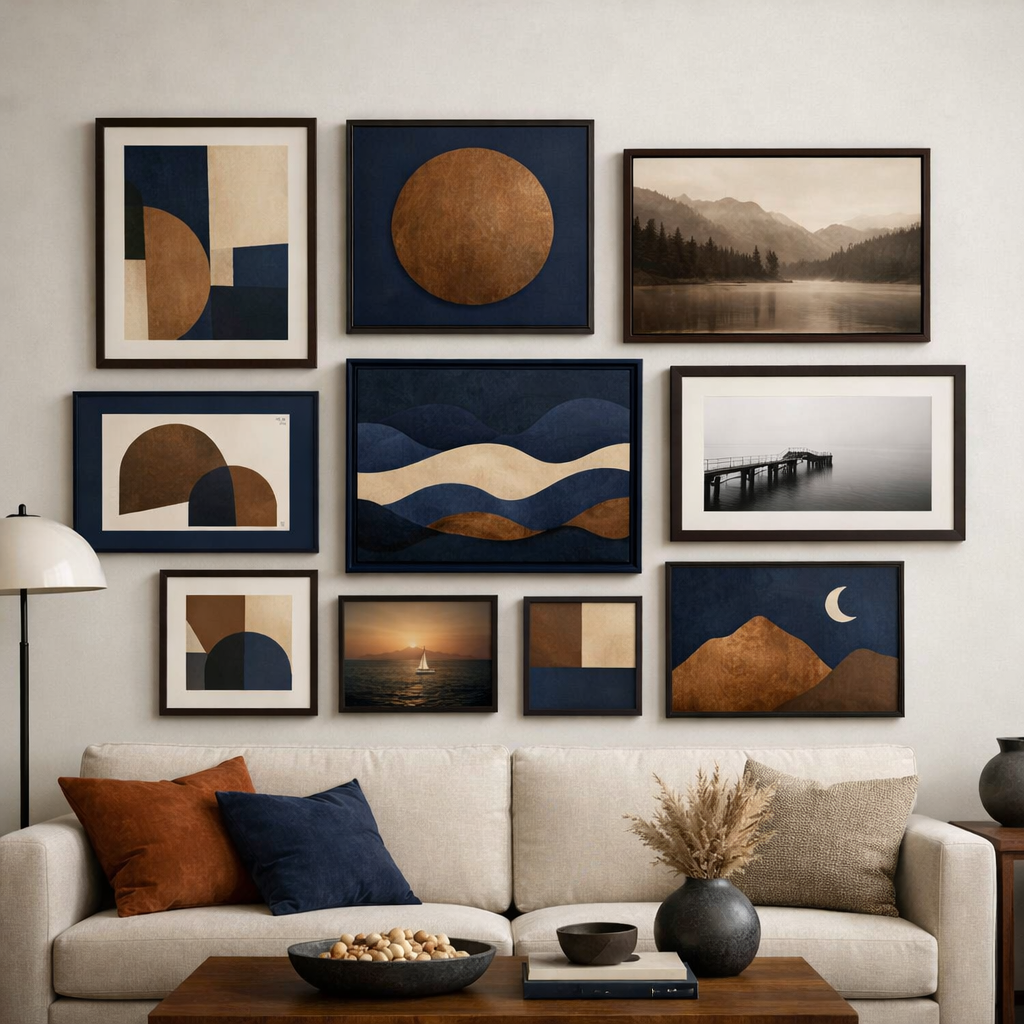 Gallery wall with navy blue and brown artwork in a living room setting