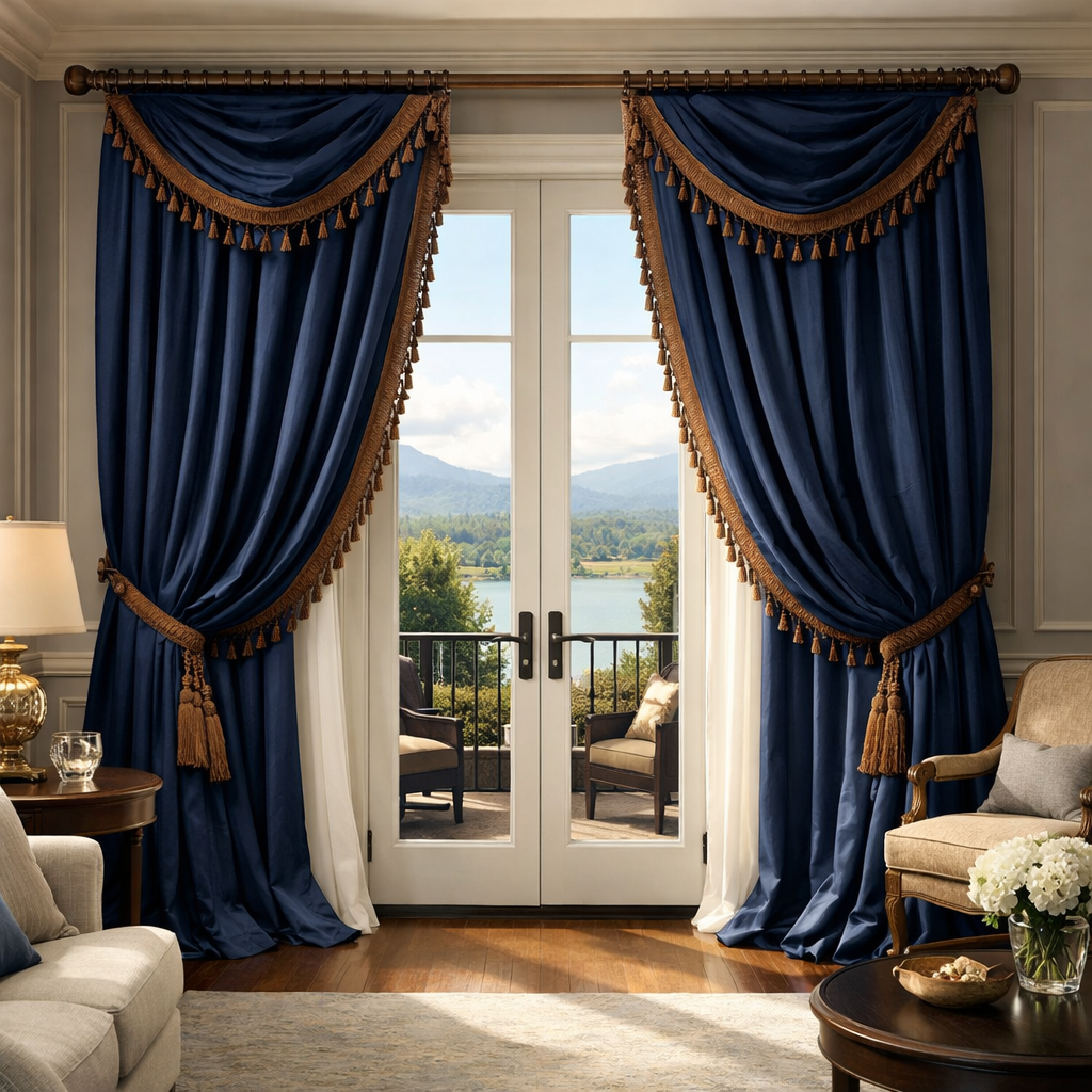A living room with navy blue curtains featuring brown trim, elegant furnishings, and a beautiful outdoor view.