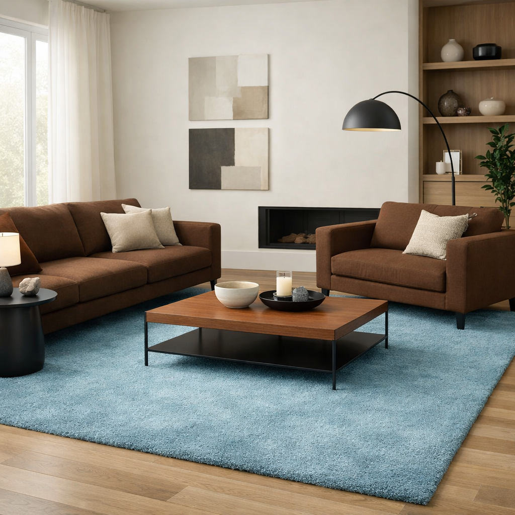 Living room featuring light blue rug and brown sofas