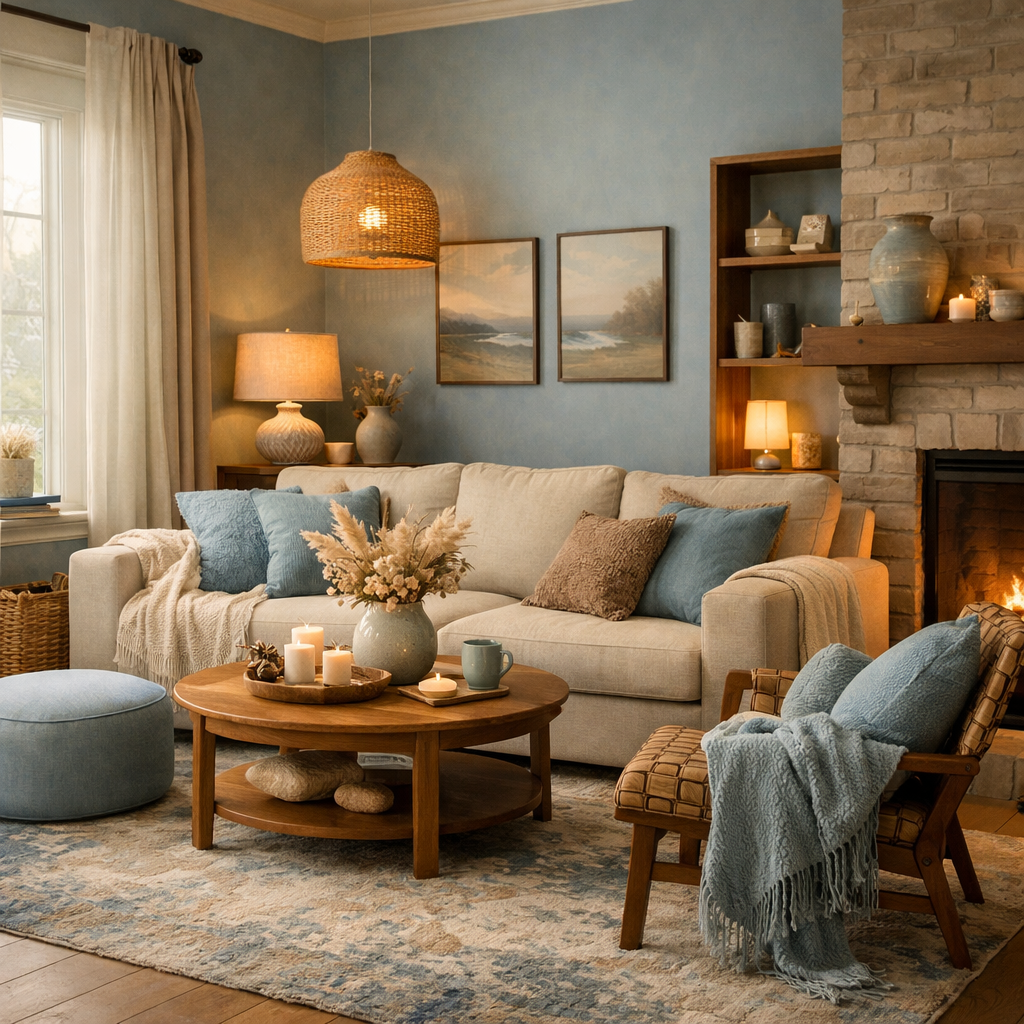 Cozy living room with light blue walls, beige sofa, wooden coffee table, and natural decor