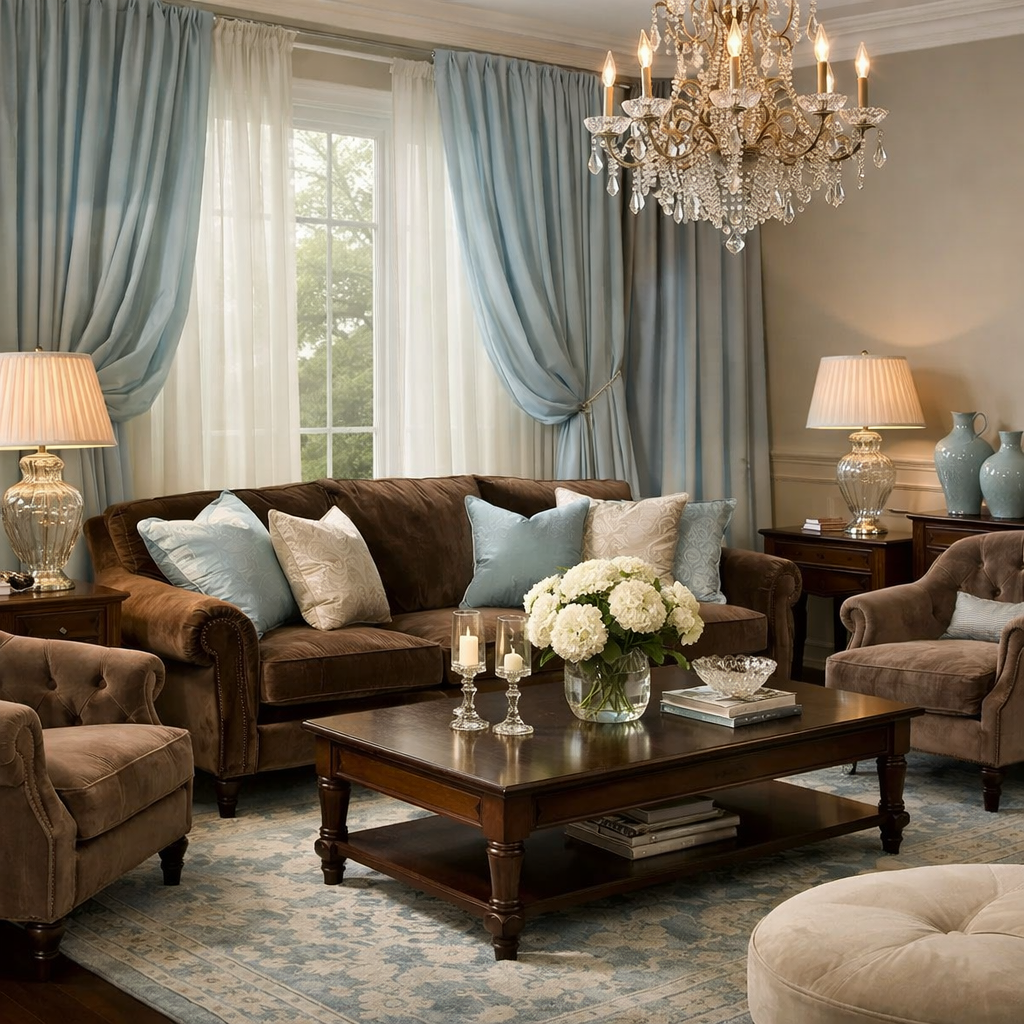 A beautifully decorated living room featuring light blue curtains and brown furniture, creating a sophisticated and inviting atmosphere.