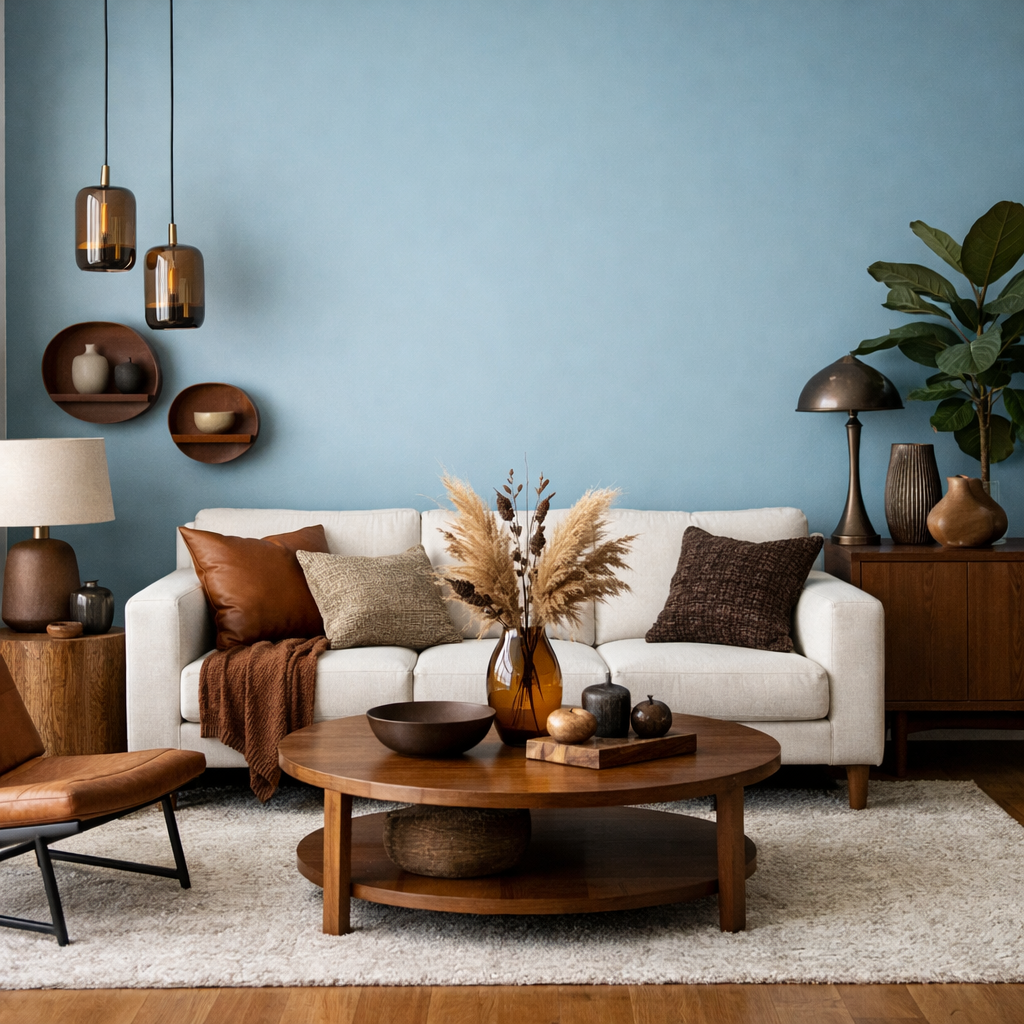 Light blue living room with brown accessories, including sofa and wooden furniture.