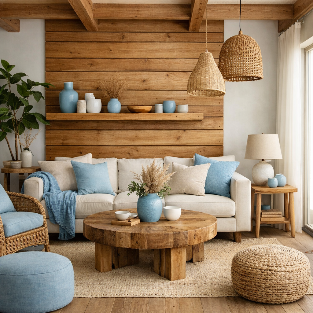 Cozy living room with light blue and brown accents featuring wooden elements, a comfortable sofa, and decorative vases.