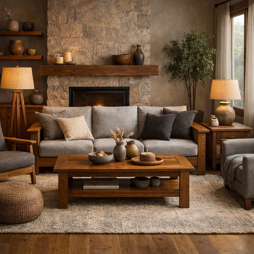 A cozy living room featuring dark brown wood furniture and soft grey accents, with a stone fireplace and warm lighting.