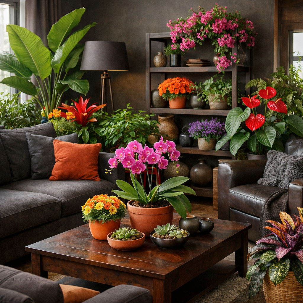 A stylish living room featuring dark brown and grey tones complemented by plants and flowers.