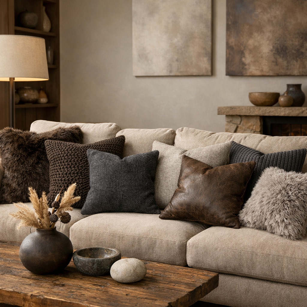 A cozy living room featuring a beige couch with various textured throw pillows, a wooden coffee table with decorative items, and a warm, inviting atmosphere.