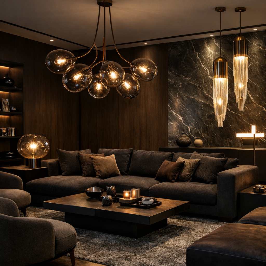 Dark brown and grey living room with stylish lighting fixtures.