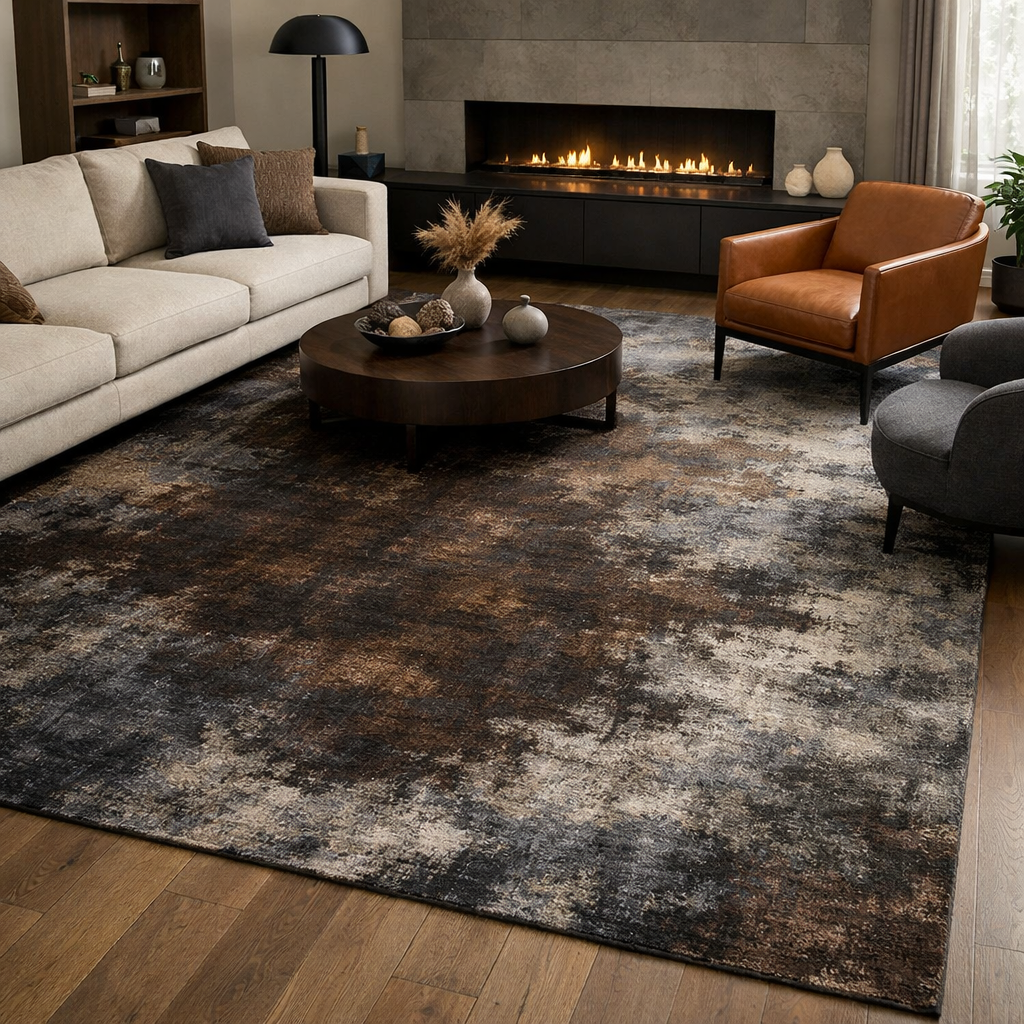 A stylish dark brown and grey living room with a textured rug.