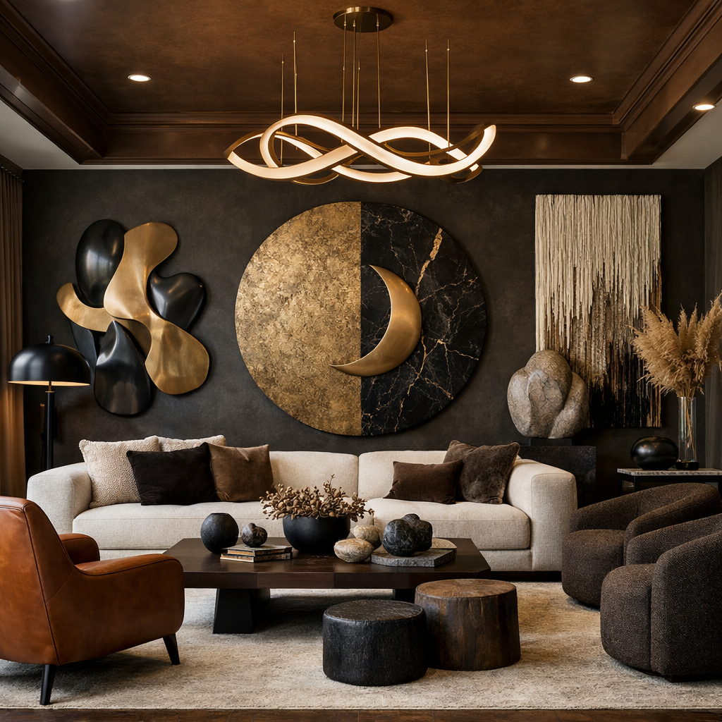 A stylish living room featuring a brown ceiling and artistic wall decor.