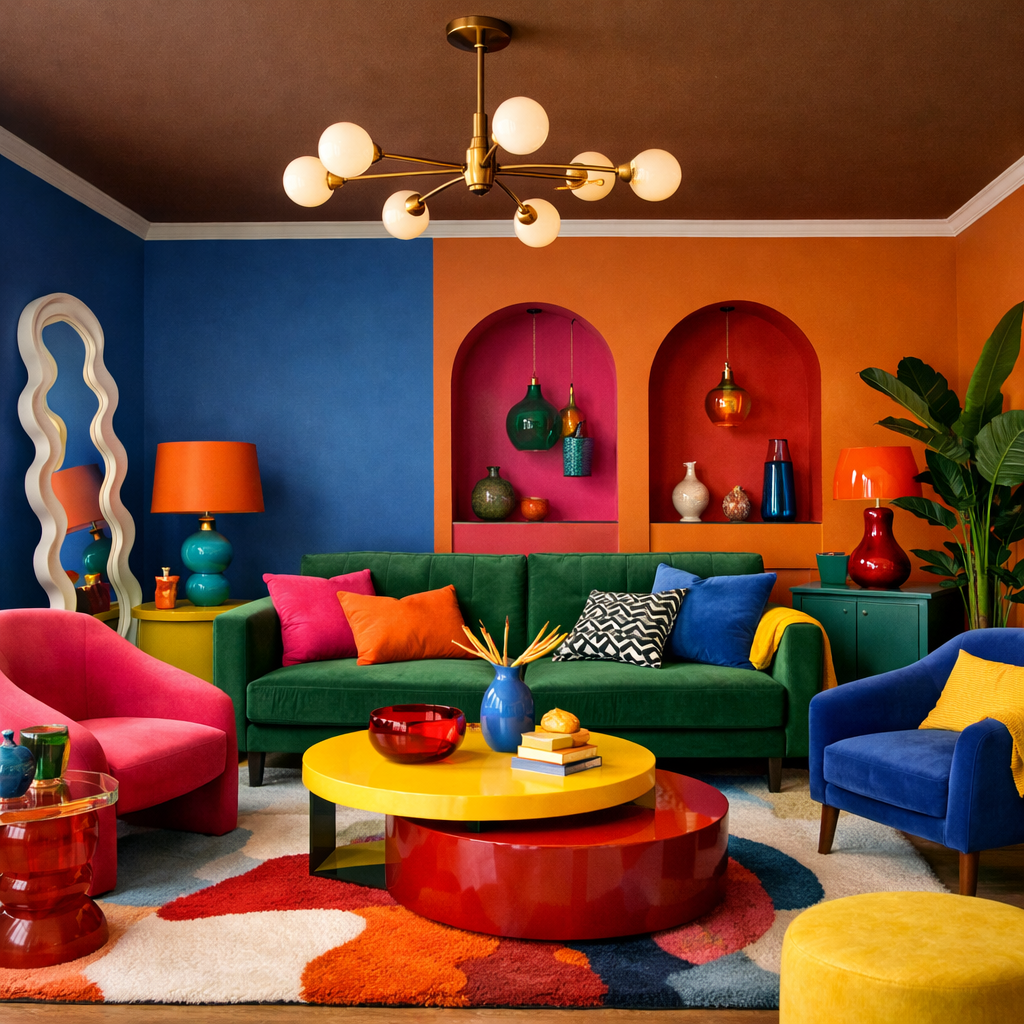 Colorful living room with a brown ceiling featuring green sofa, pink chairs, and vibrant decor.