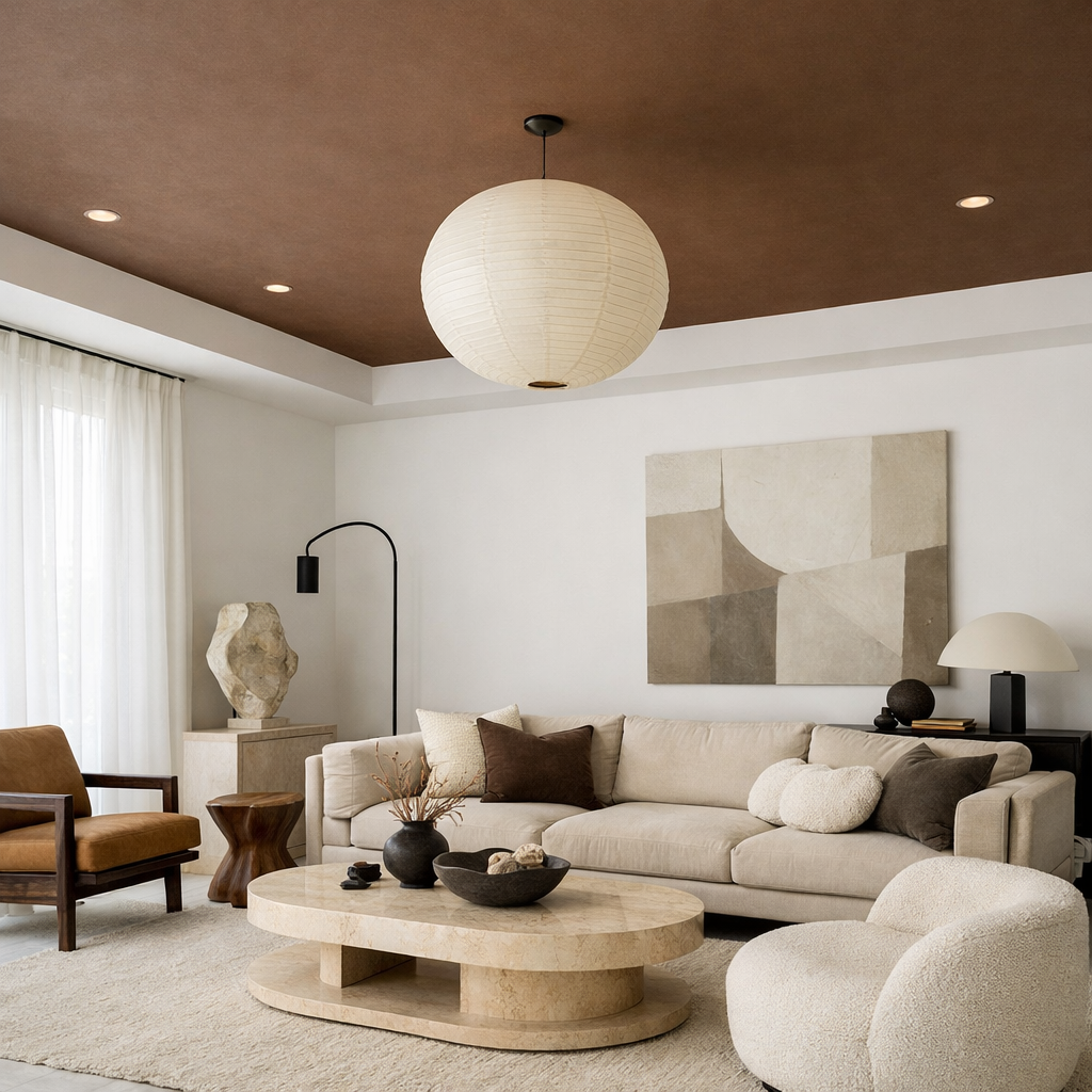 A living room featuring a brown ceiling, white walls, and neutral-colored furniture.
