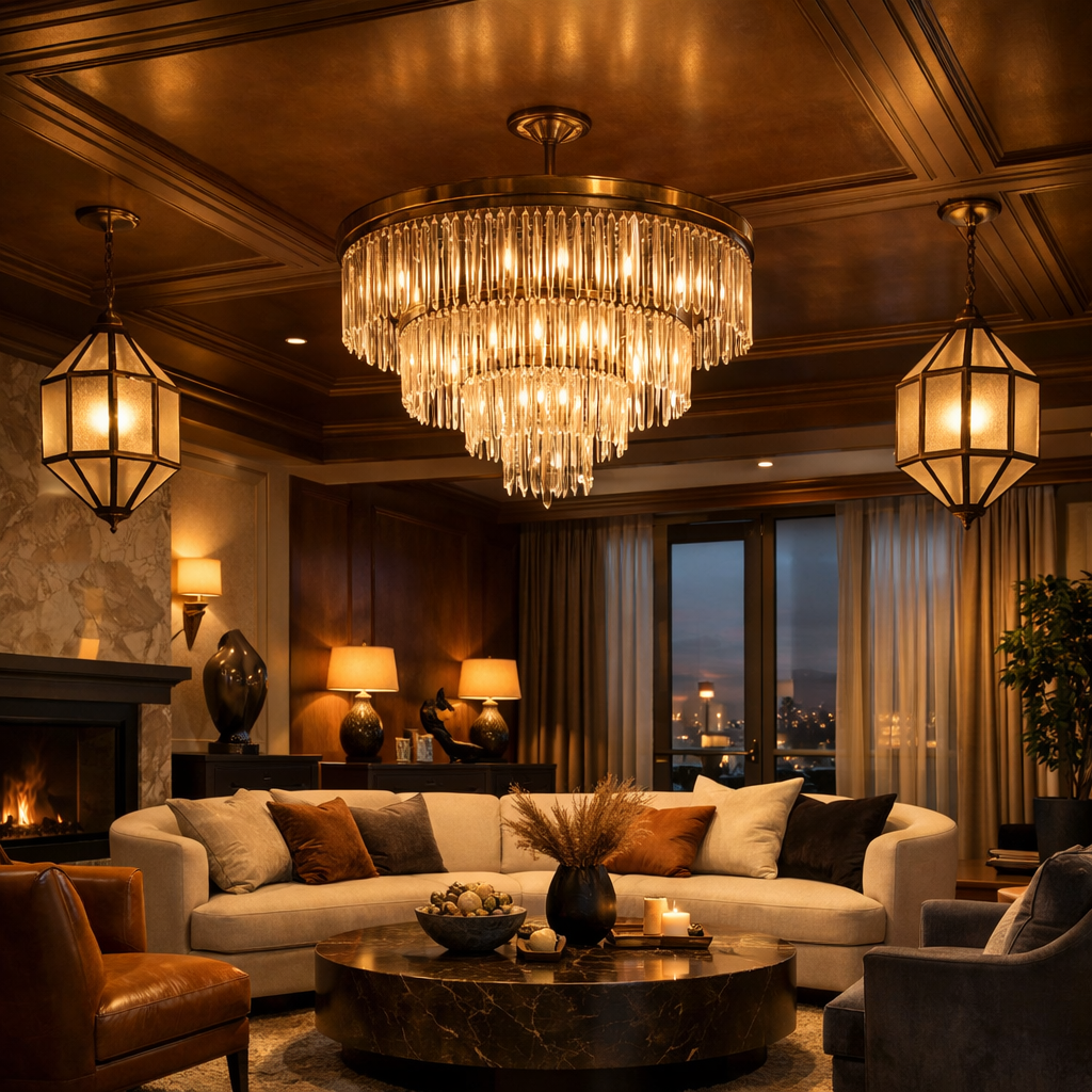 A beautifully designed living room featuring a brown ceiling with elegant lighting fixtures, including a chandelier and geometric pendant lights.