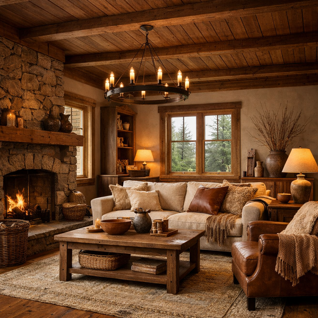Cozy living room with brown wooden ceiling, rustic stone fireplace, and natural decor elements.