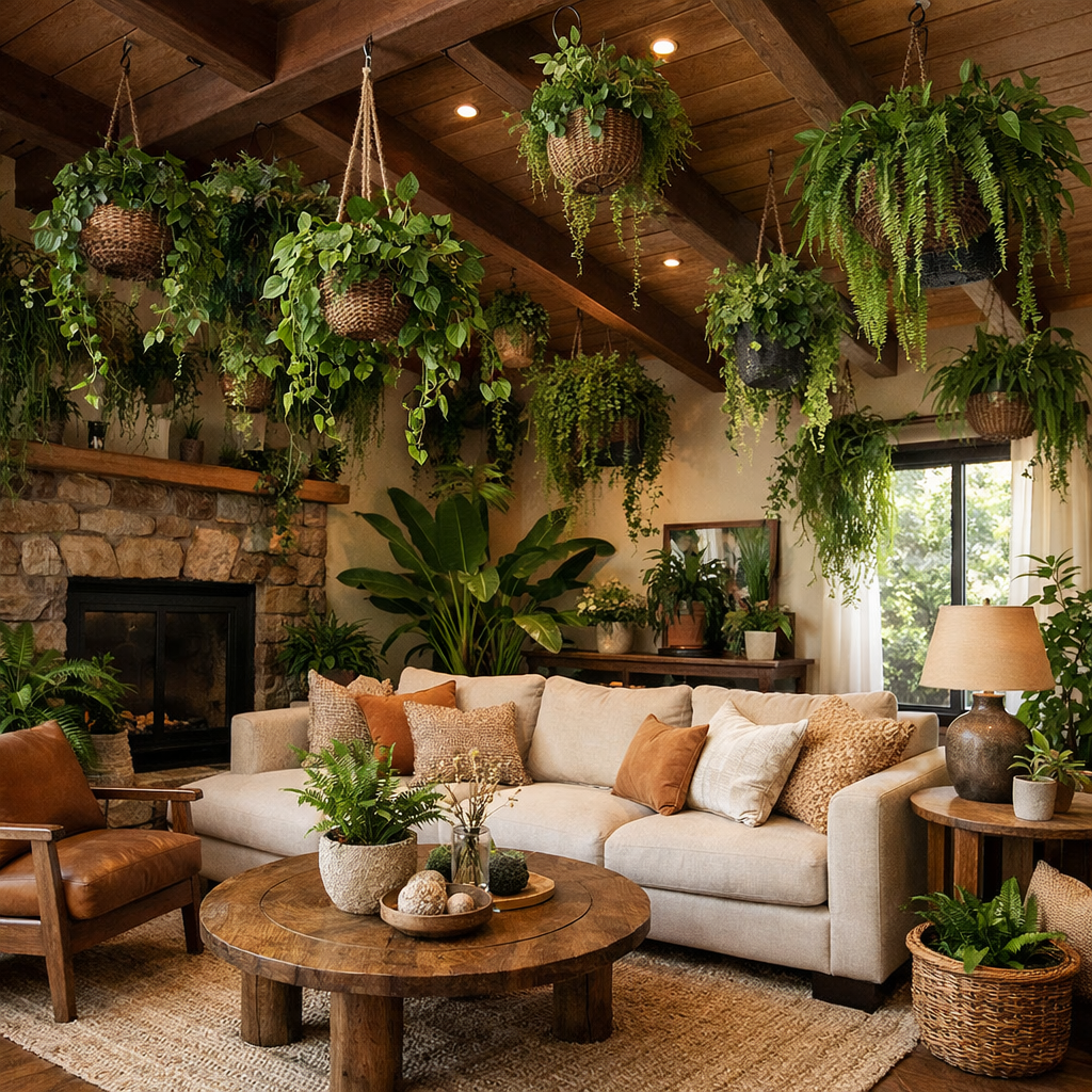 Cozy living room featuring a brown ceiling and greenery, including hanging plants and potted plants on tables.