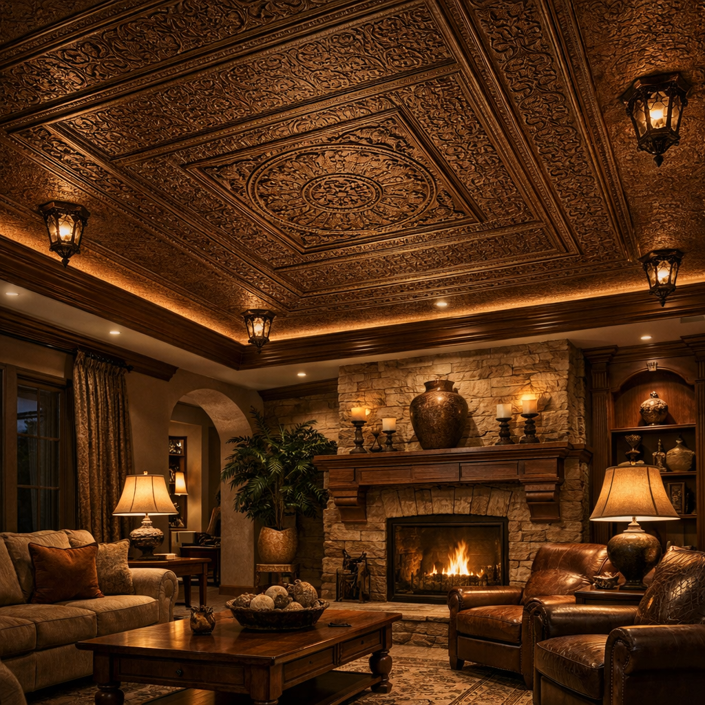 A cozy living room with an intricately designed brown ceiling and warm lighting.