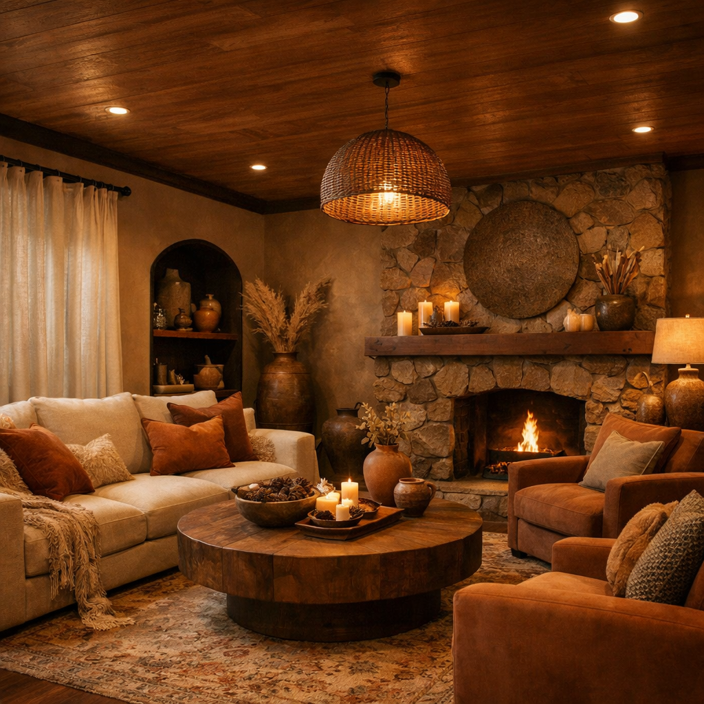 A cozy living room featuring a brown ceiling, comfortable seating, a stone fireplace, and earthy decorations.