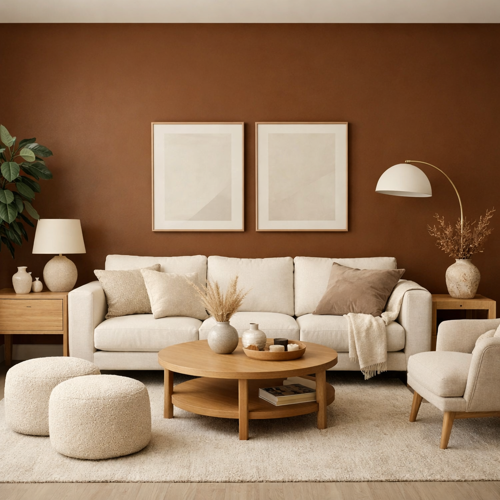 A cozy living room with a brown accent wall, beige sofa, round wooden coffee table, and decorative plants.