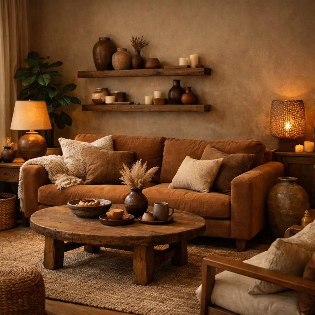 Cozy living room with warm brown tones, featuring a sectional sofa, wooden coffee table, and natural decor
