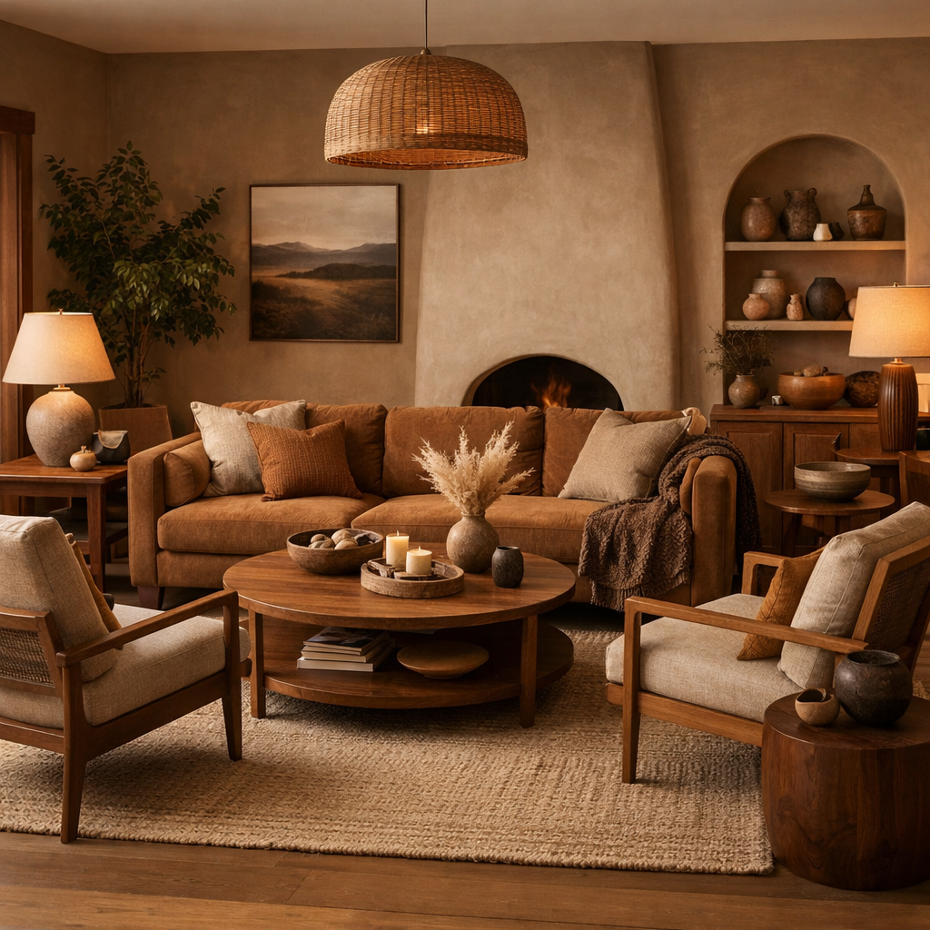 A cozy brown living room featuring a brown sectional sofa, armchairs, coffee table, and warm lighting.
