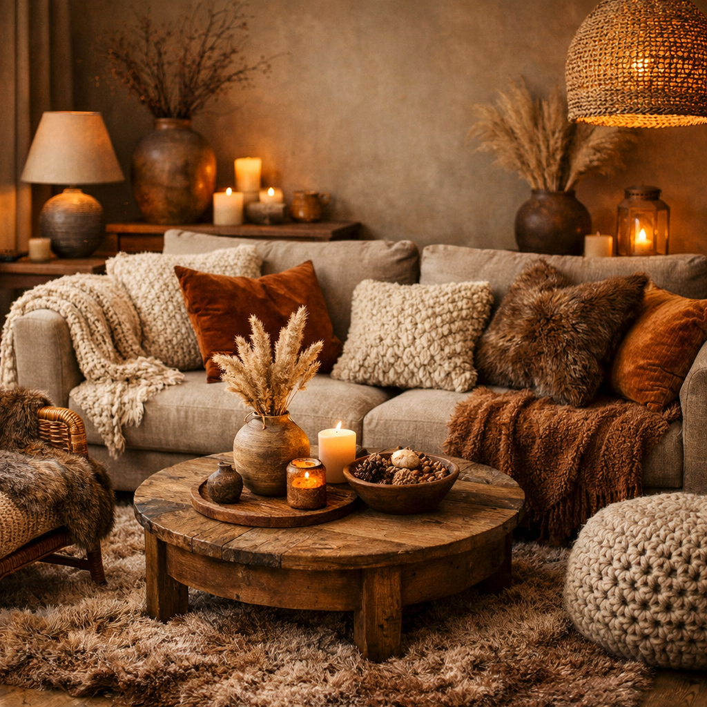 A cozy living room featuring a warm brown theme with layered textures, including a soft sofa, decorative pillows, a wooden coffee table, and candles.
