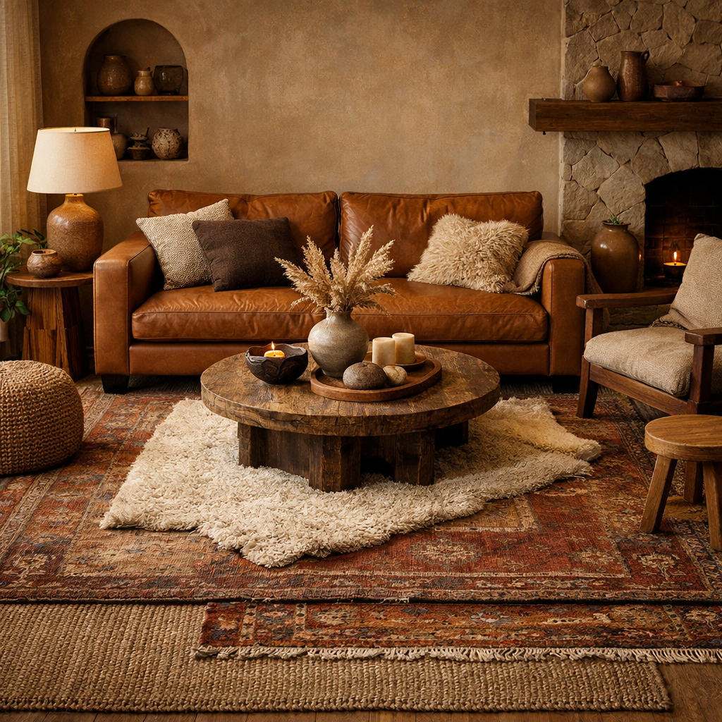 A warm brown living room featuring layered rugs, a leather sofa, and a rustic wooden coffee table.