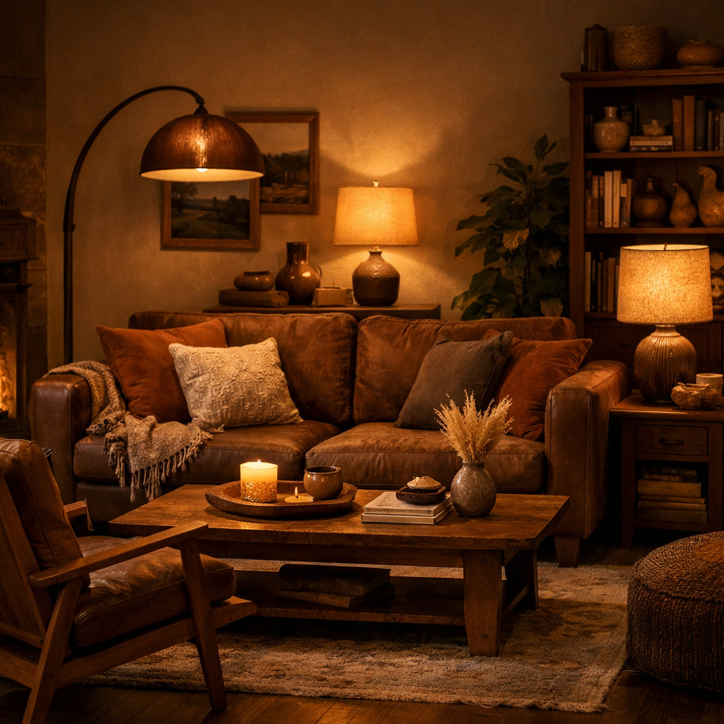Cozy living room with soft lighting and warm brown tones