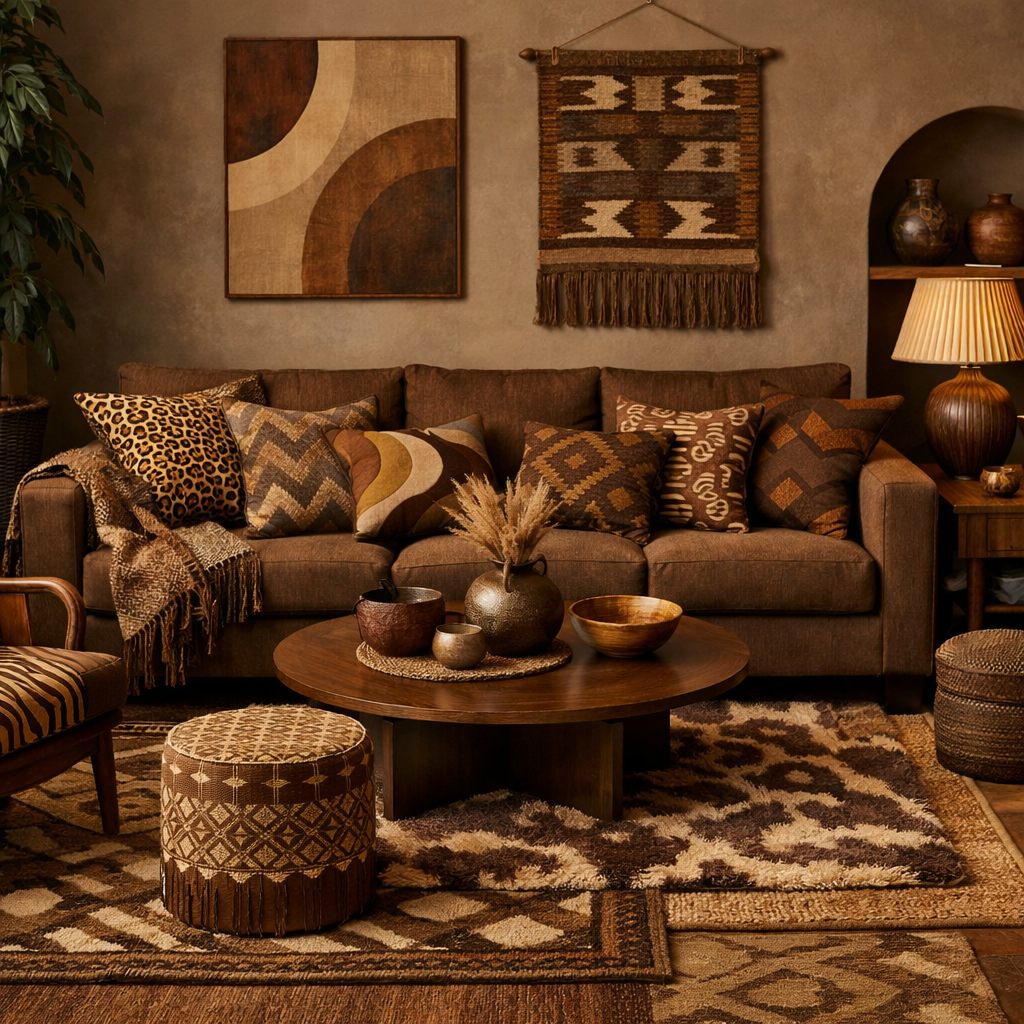 Cozy living room featuring a brown sofa with patterned pillows, a round wooden table, and various textured decor elements.