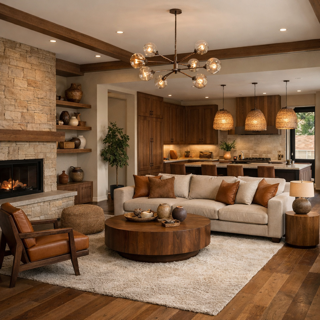 A modern brown living room featuring a spacious open concept design with a stone fireplace, cozy furniture, and a blended kitchen area.