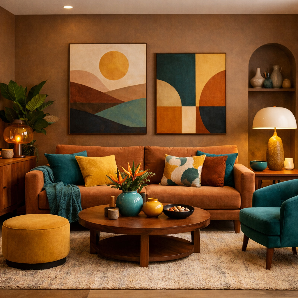 A cozy living room featuring a brown sofa, colorful accent pillows, and warm earthy tones.