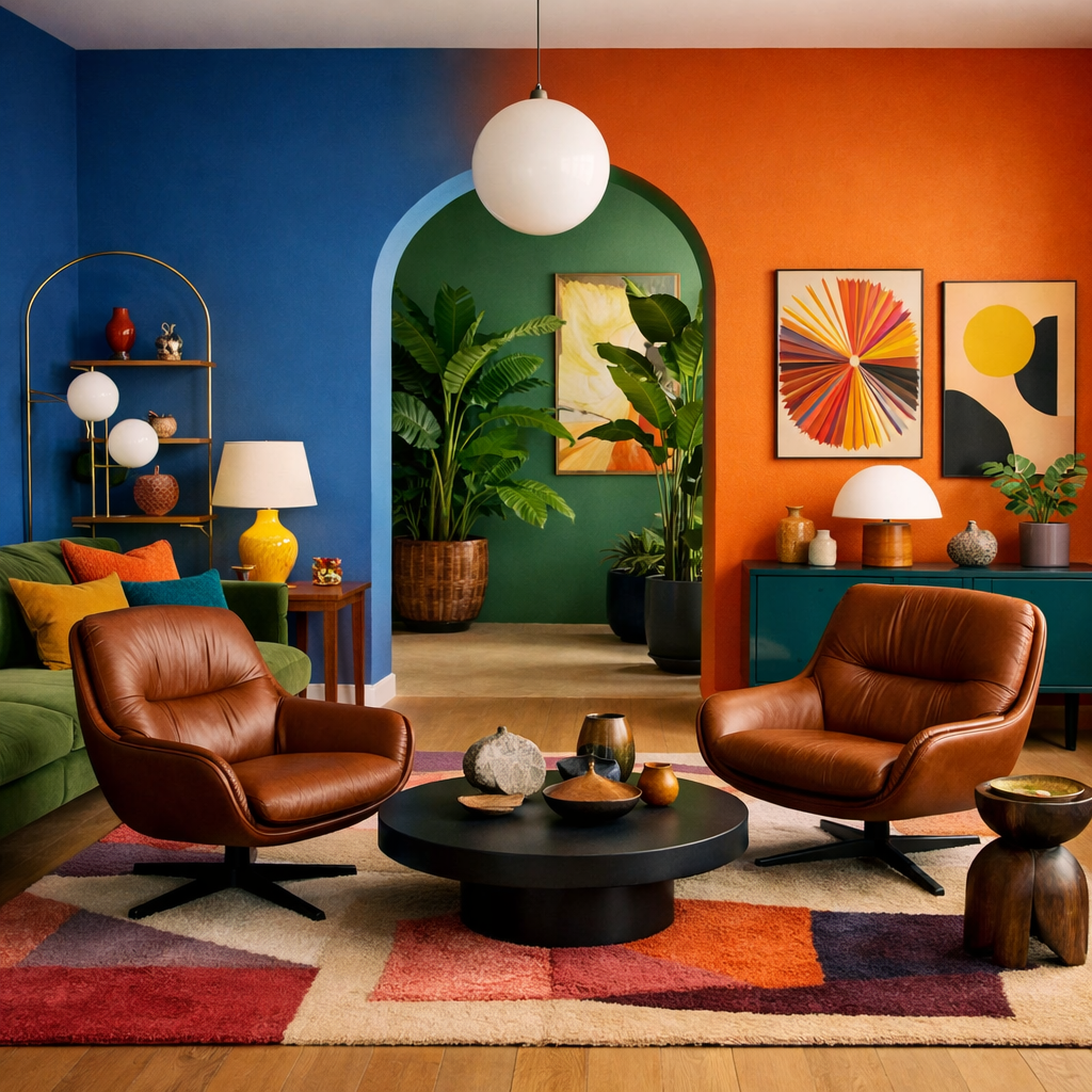 A stylish living room featuring brown chairs against bold blue and orange walls, with vibrant decor and plants.