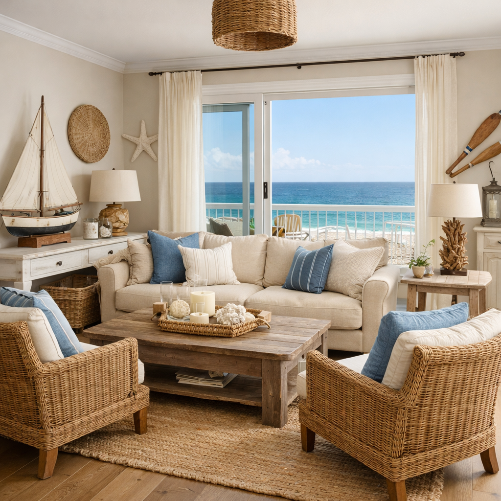 A coastal living room featuring brown chairs, a wooden coffee table, and ocean views