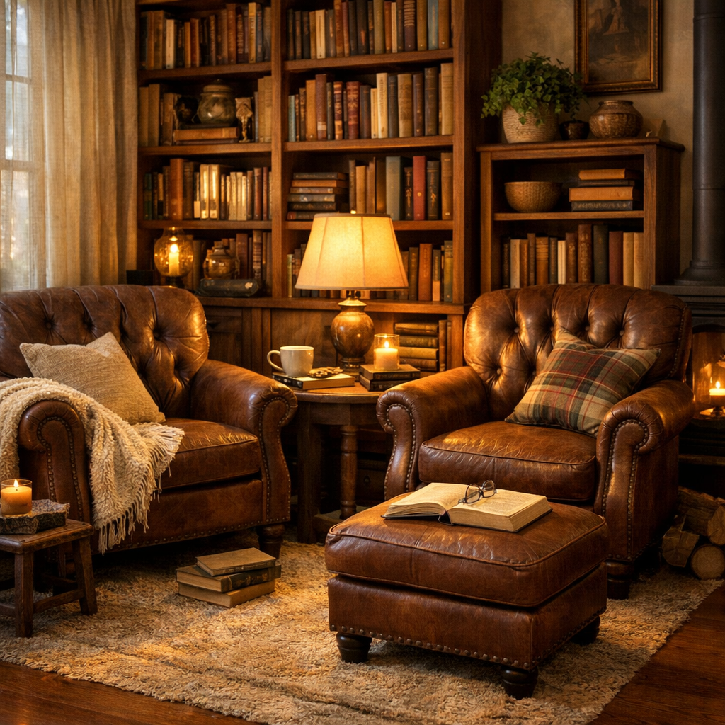 Cozy reading nook with brown leather chairs, a wooden bookshelf, and warm lighting.