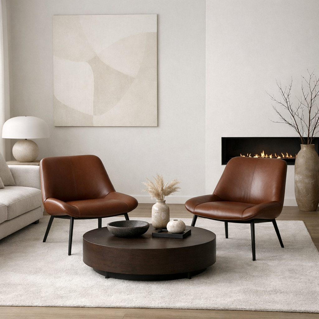 Living room with brown accent chairs, a coffee table, and a cozy ambiance.