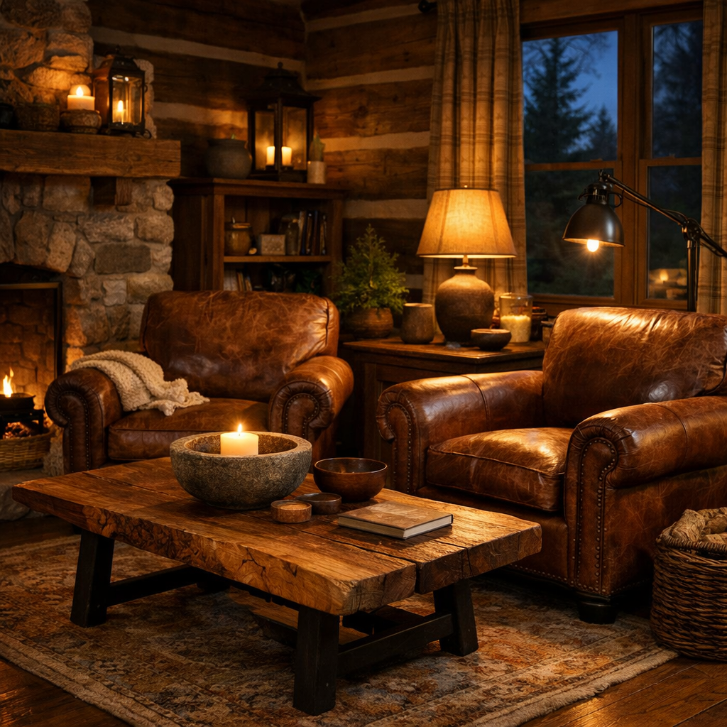 Cozy living room with leather brown chairs and rustic decor