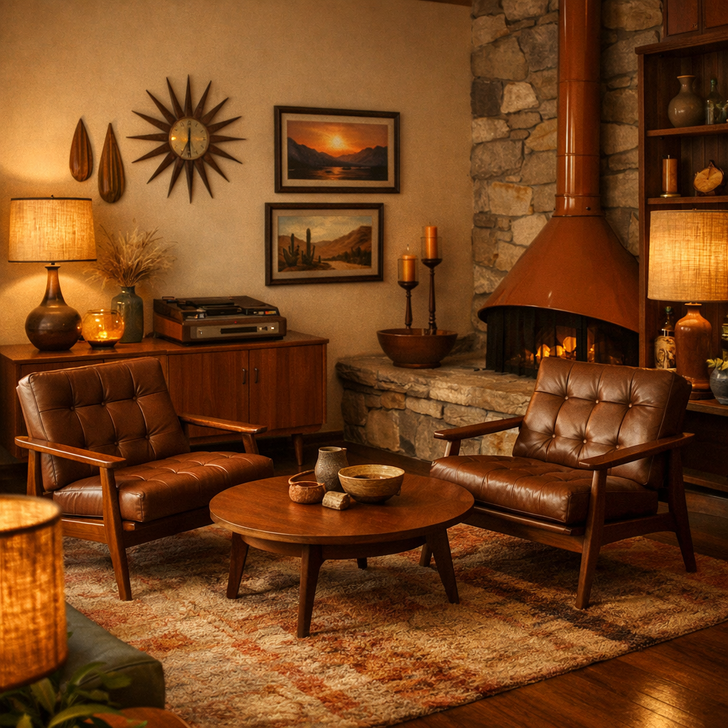 A vintage-inspired living room featuring mid-century brown chairs, a stone fireplace, and warm lighting.