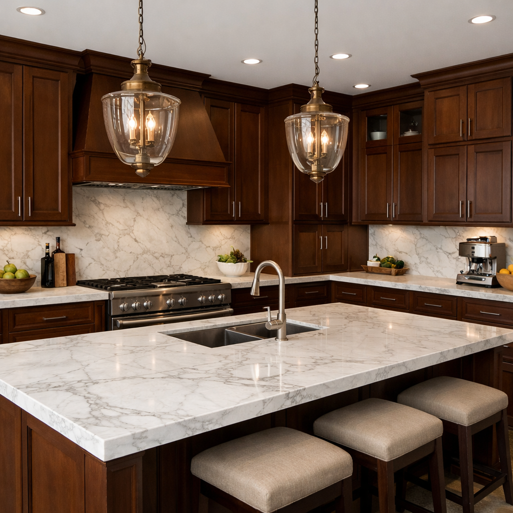A modern kitchen with brown cabinets and a light marble countertop.
