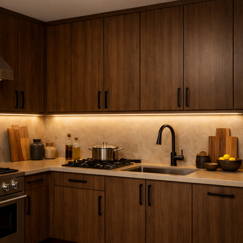 Modern kitchen with brown cabinets and integrated under-cabinet lighting