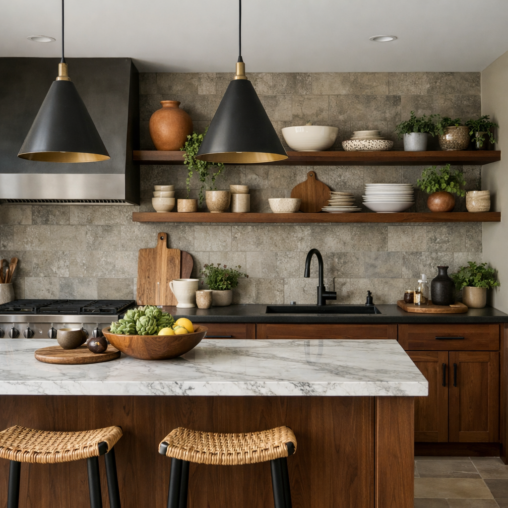Brown kitchen cabinets with open shelving displaying decorative pots and bowls.