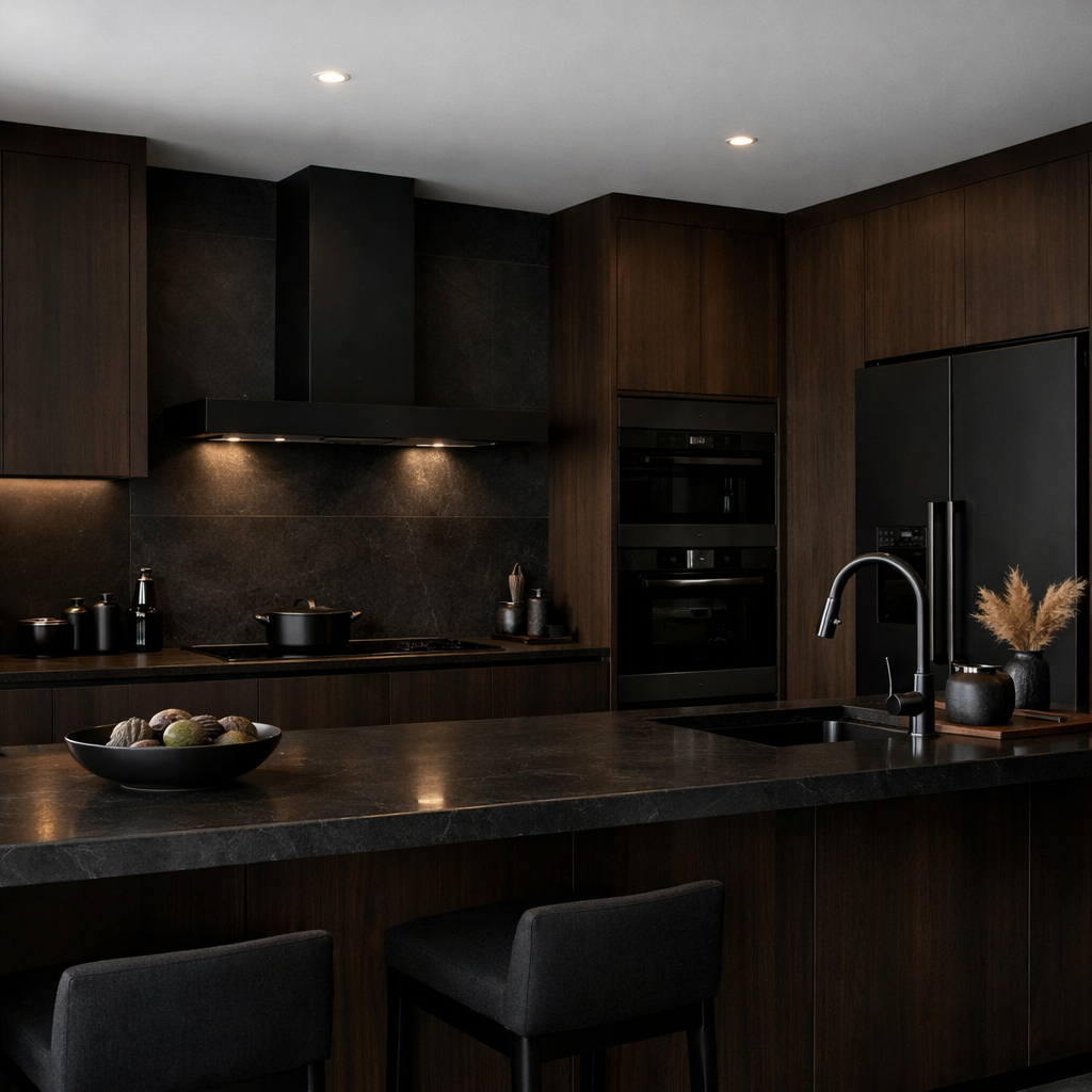 A modern kitchen featuring dark brown cabinets, black appliances, and warm lighting.