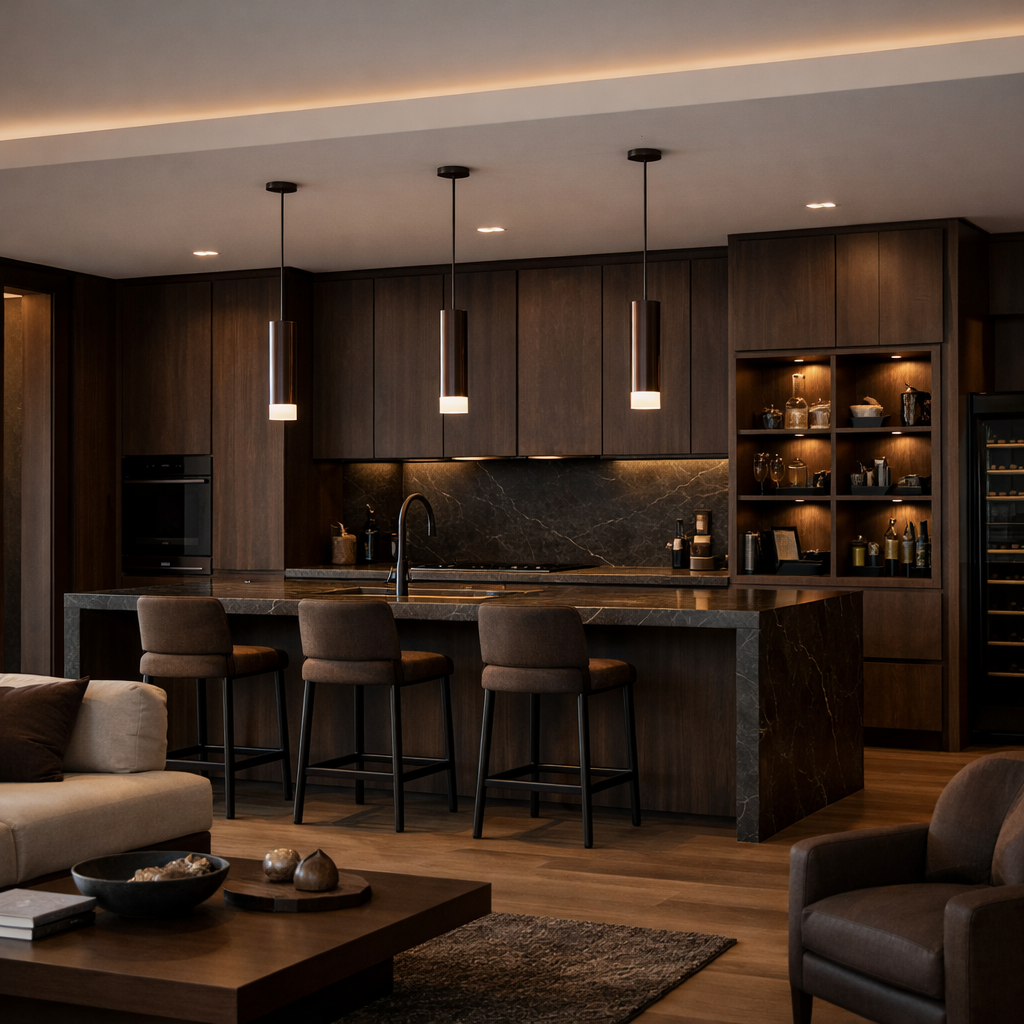 Open concept kitchen with dark brown elements, featuring rich cabinetry and modern lighting.