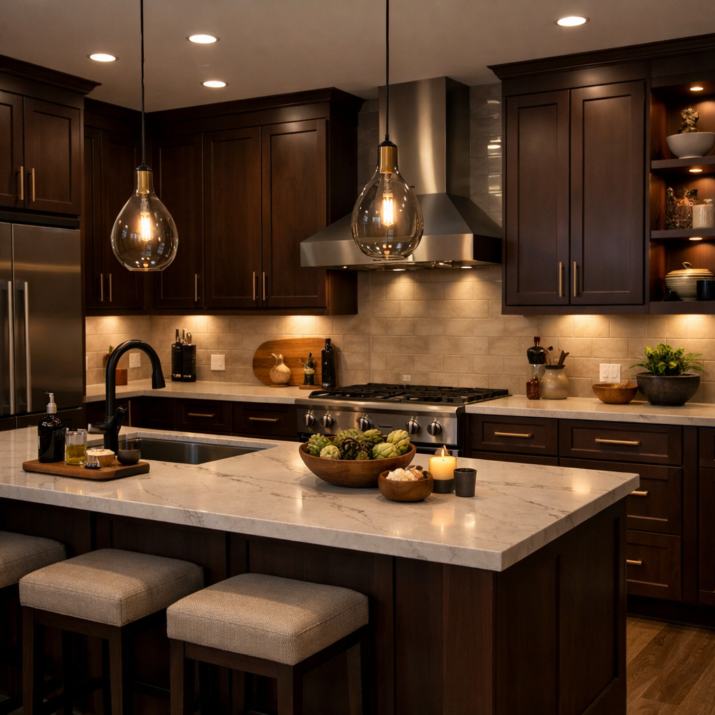 A modern kitchen featuring rich chocolate brown cabinets, marble countertops, warm lighting, and stylish decor.