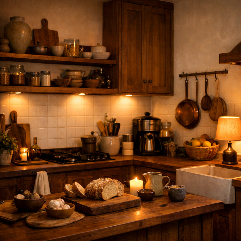 A cozy kitchen with warm walnut accents, featuring dark wood cabinetry, open shelves, and a wooden table with fresh bread and eggs.
