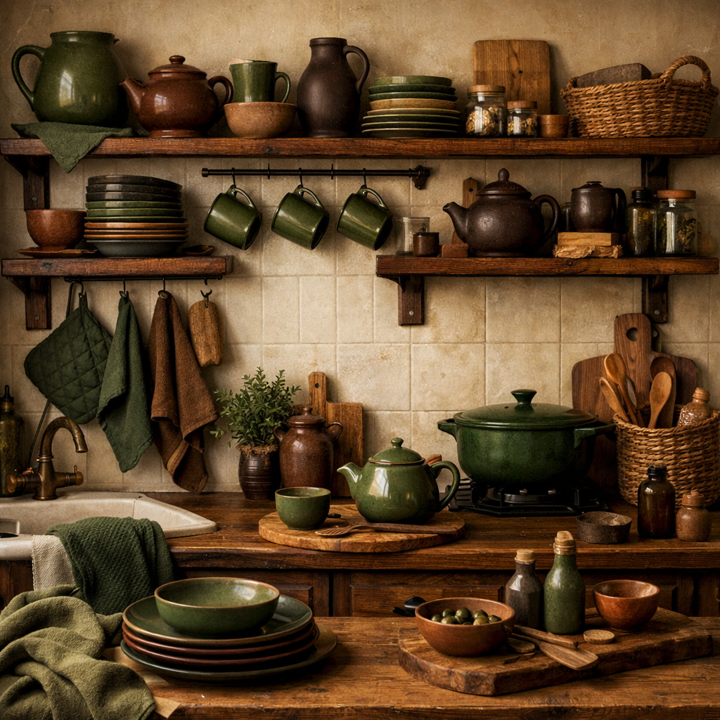 A cozy kitchen adorned with earthy tones, featuring green dishware and wooden shelves.