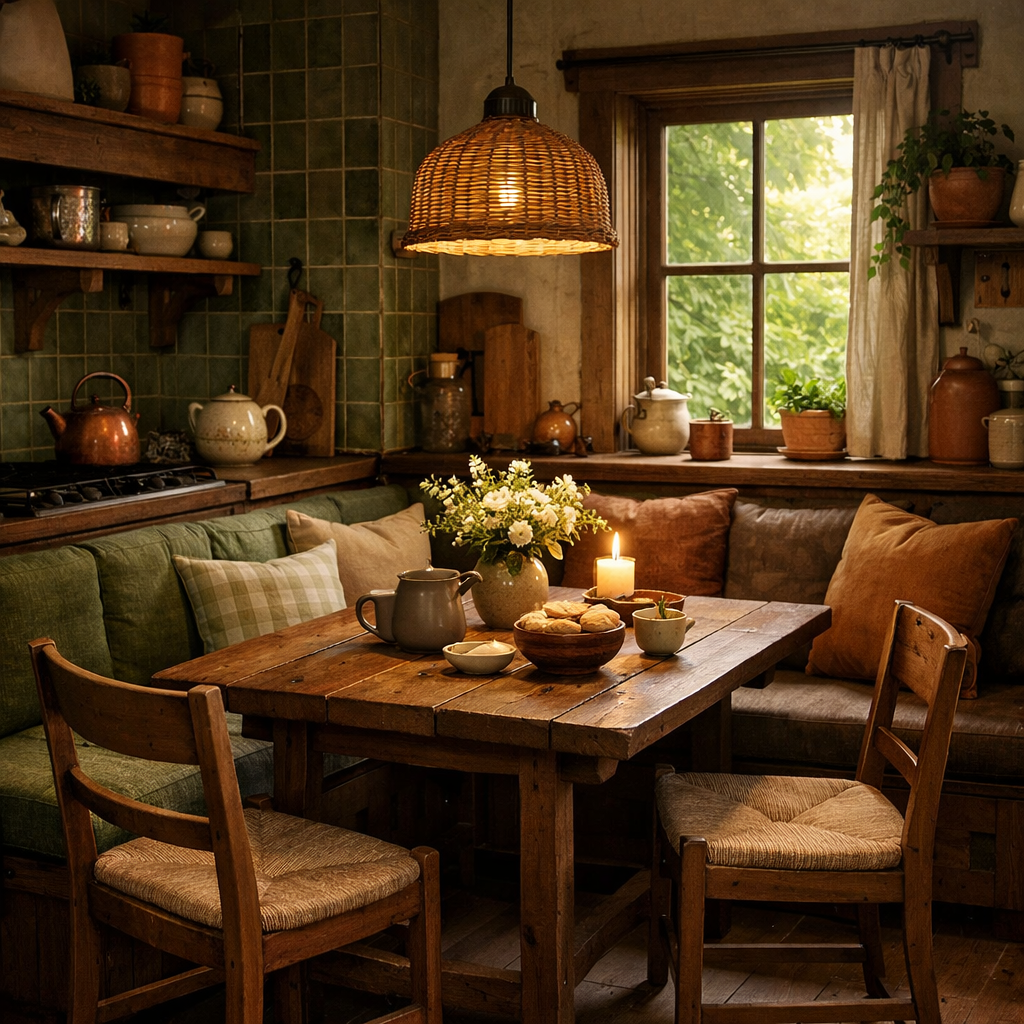 A cozy dining nook featuring green cushions, a wooden table with snacks, and warm lighting in a kitchen.