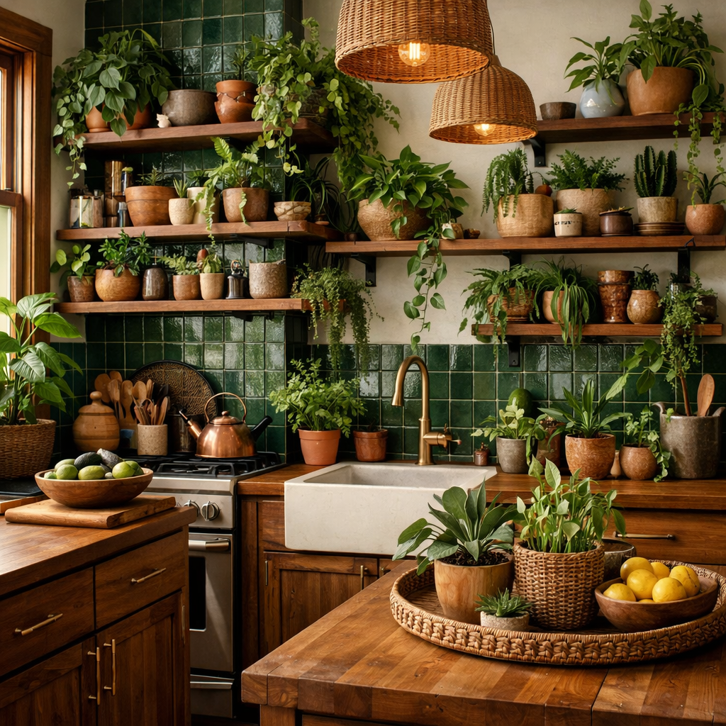 A green and brown kitchen filled with plants on shelves and countertops.