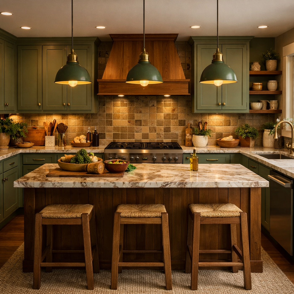 A cozy green and brown kitchen with stylish lighting and a warm ambiance.