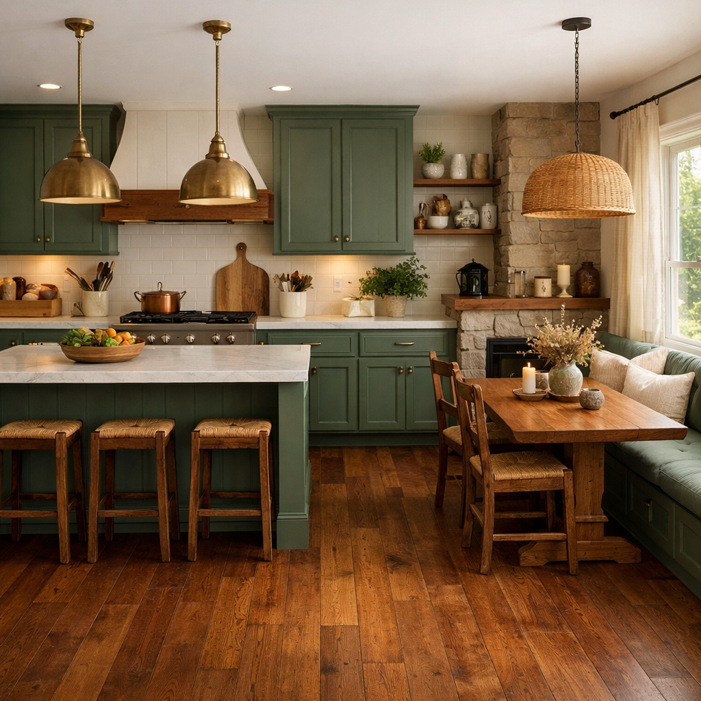 Stylish kitchen with green cabinets and brown wooden flooring.