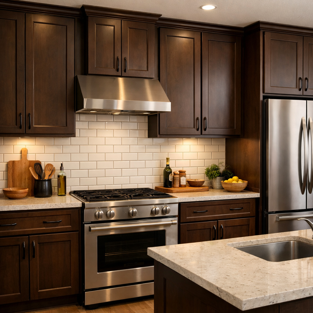 A kitchen featuring dark brown cabinets and a classic white subway tile backsplash.